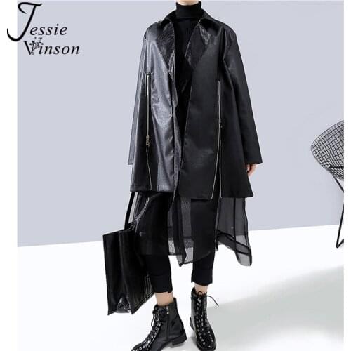 Jessie Vinson Mesh Patchwork Black PU Leather Jacket Women Chic Long Sleeve Turn-down Collar Zipper Faux Leather Jacket Coat