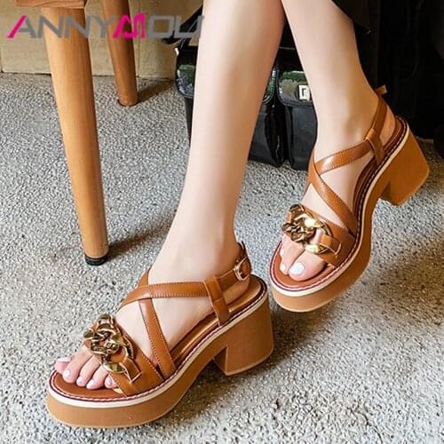 ANNYMOLI Shoes Women Real Leather Sandals Platform High Heel Sandals Chain Thick Heel Shoes Cross Strap Round Toe Sandals Summer