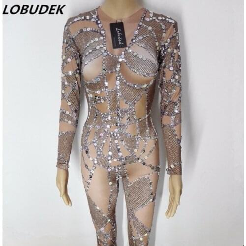Sparkly Crystals Diamond Jumpsuits Female DJ DS show costumes Bar party performance outfit Glass Rhinestones Leotard Jumpsuit