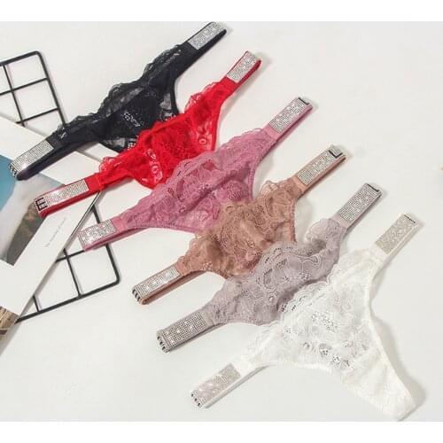 Love Letter Printed Rhinestone Panties Women Lace Thongs T Back Underwear for Female Soft Low Rise Underpants Lingerie