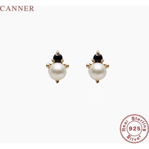 CANNER Pearls Black Diamonds Stud Earrings 925 Sterling Silver Earrings For Women Silver Jewelry Earring Pendientes Brincos