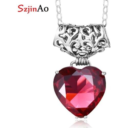 SzjinAo Heart Shape Ruby Pendant Solid 925 Sterling Silver Gemstone Jewelry Vintage Wedding Engagement Party Women Accessories