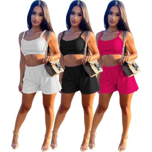 Women Plaid Textured Two Piece Outfits Tracksuits Spaghetti Strap Sleeveless Tank Crop Top Elastic Waist Loose Shorts Outfits
