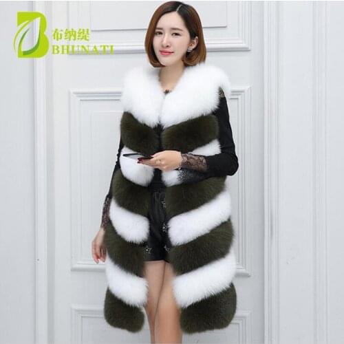 BHUNATI Women New Faux Fur Vest Fashion Patchwork Stripe Long Coat Casual Imitation Fox Fur Jacket Female Large Size Vests Coats