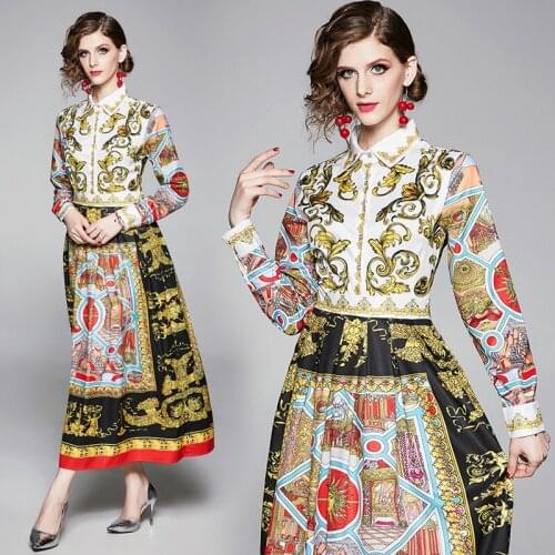 2019 Spring Summer Fall Runway Vintage Floral Print Collar Long Sleeve Empire Waist Women Lady Party Casual A-Line Maxi Dress