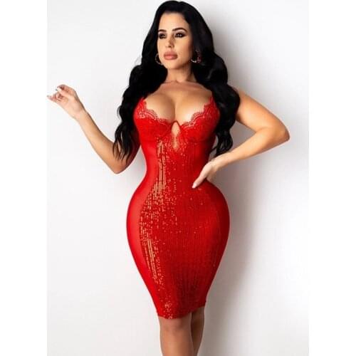 Women Sequin Sexy Lace Dress Autumn Clubwear Sheer Mesh Patchwork Black Bodycon Dress Backless Spaghetti Strap Black Midi Dress