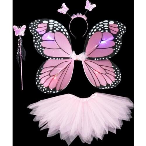 4pcs/set Glowing Angel Butterfly Wings Cosplay Costume Wonderful Fairy Toy for Girls Halloween Party Cos Costume Magic Wand