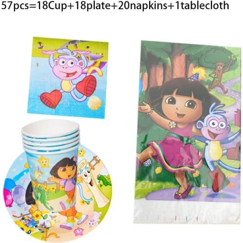 57pcs Dora the Explorer girls Birthday Party Supplies Party Decoration Tableware Napkin Plate Tablecloth supply Girl favorite