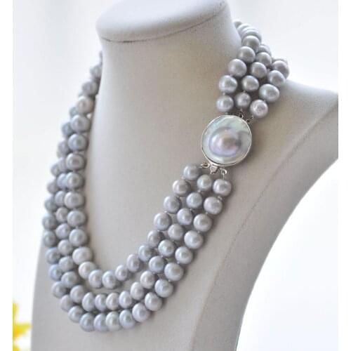 P7263 3Row 19" 11mm Gray Round Freshwater Pearl Choker Necklace Southsea Mabe Pearl