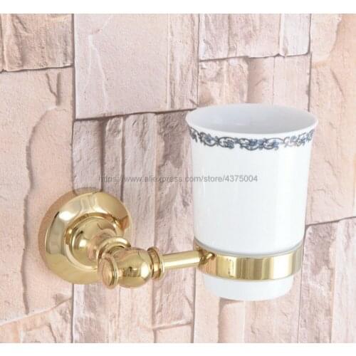 Cup & Tumbler Holders Wall Mounted Toothbrush Cup Holder Gold Color Brass Bathroom Accessories Nba308