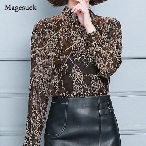 Elegant Sexy Shinny Stand Collar Blouse 2021 Autumn Bright Silk Long Sleeve T-shirt for Women Print Mesh Tops Female Blusa 16737