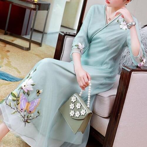 Chinese Style Butterfly Flower Embroidered Cheongsam Improved Hanfu Elegant Intellectual Women Ethnic Style Embroidered Qipao