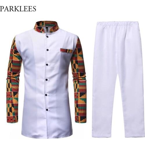 African Dashiki Shirt Top Pant Set 2 Piece Outfit Set African Men Clothes 2019 Brand New Long Sleeve Dashiki Shirt with Trouser