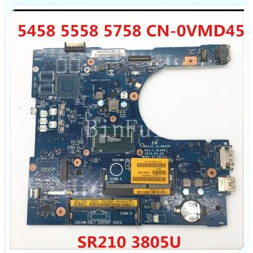 For Dell 5458 5558 5758 AAL10 LA-B843P Laptop Motherboard With SR210 3805U CPUCN-0VMD45 0VMD45 VMD45 DDR3 100% Full Working well