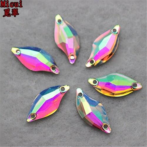 Micui 100pcs 9*20mm S Shape Crystal AB Flat Silver Base Sew On Stone Resin Rhinestone 2 holes for Garment Accessories ZZ410