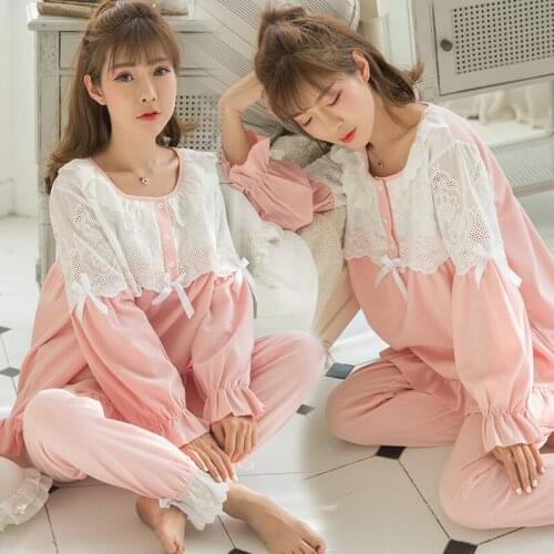Sweet Pink Cotton Patchwork Lace Maternity Nursing Sleepwear Set Breast Feeding Pajamas for Pregnant Women Cute Loose Pregnancy