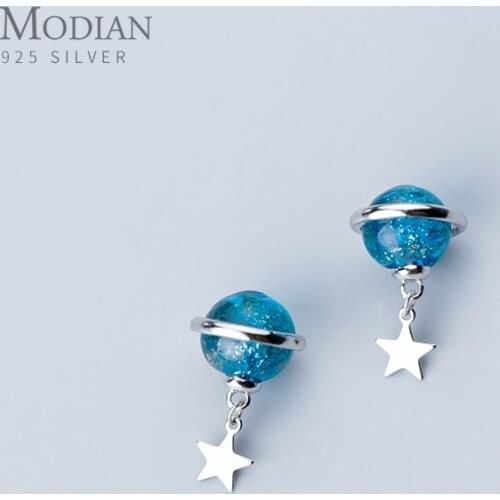 Modian Blue Crystal Galaxy Planet Earrings for Women 925 Sterling Silver Romantic With Stars Stud Ear Fashion Jewelry Bijoux