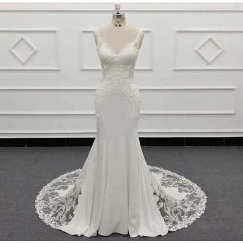 Molanda Hung 2021 Luxury Mermaid Wedding Dresses V Neck Lace Applique Button Back Court Train Cut-out Spaghetti Straps 4594