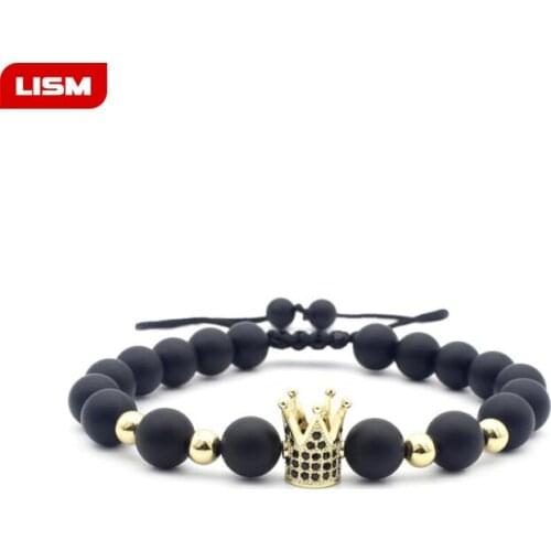 Natural 8mm Black Lava beaded Bracelet Copper Crown with Zircon CZ Beads Necklace Mala Prayer Bracelet for Meditation