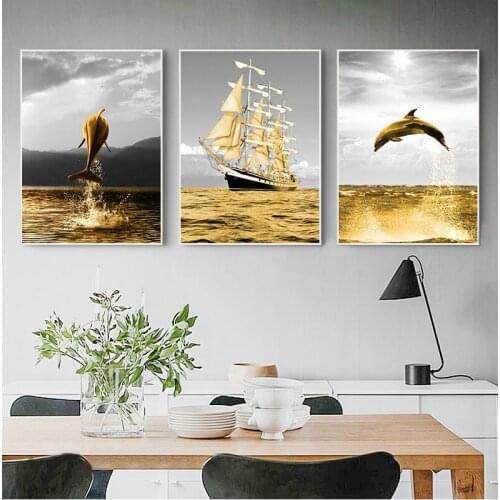 Ocean Landscape Sailing Boat Golden Ocean Life Dolphin Wall Art Canvas Posters and Prints Wall Art Picture for Living Room 2-42