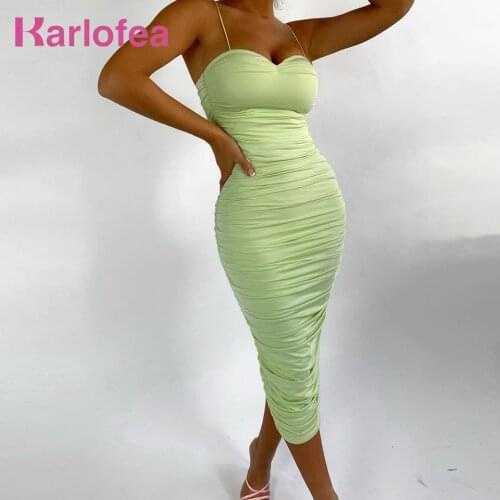 Karlofea Sweet Ruched Madaxi Dress Summer Basic Simple Outfits Clothes Chic Double-layer Vestidos Sexy Club Party Bodycon Dress