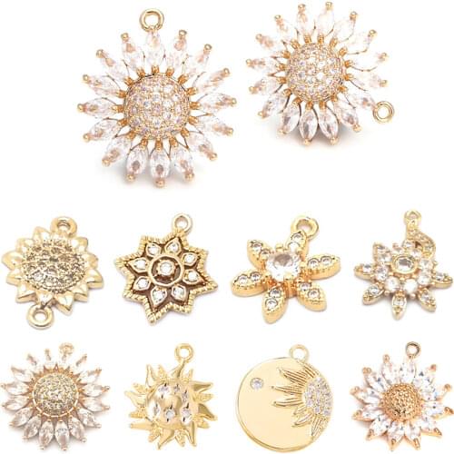 40703)4PCS 26x23.5MM 24K Champagne Gold Color Brass and Zircon Flower Charms Pendants Jewelry Making Supplies Diy Accessories