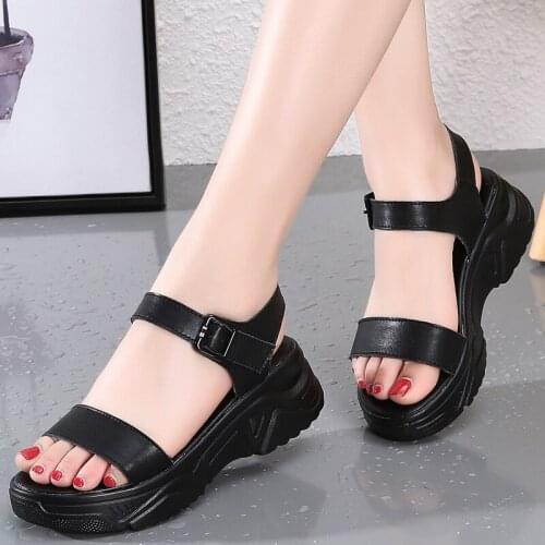 Leather Chunky Platform Womens Sandals Buckle Strap Simple Pink Summer Women Shoes White Mid Heel High 5.5 cm Ladies Sandals