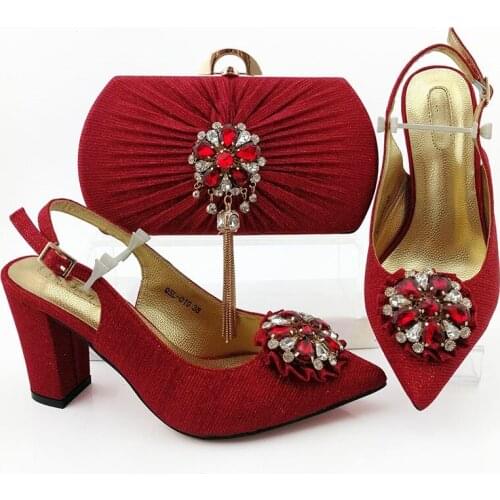 Gorgeous red women pumps with crystal decoration african dress shoes match handbag set QSL019,heel 9CM
