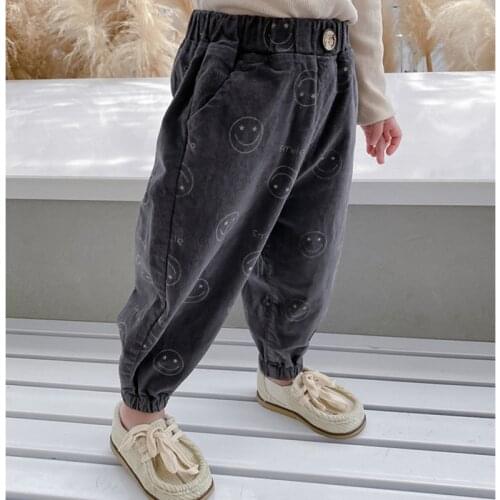 DFXD 1-7Y Kids Boys Girls Long Smile Face Print Corduroy Pants Spring Autumn Korean Baby Leisure Wide Leg Pants Toddler Clothes