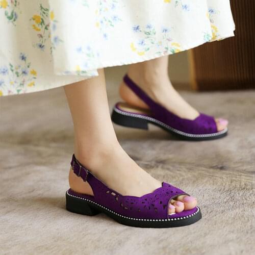 ZawsThia Ethnic Bohemian Laser Cutout Purple Open Toe Buckle Strap Slingback Casual Flat Womens Shoes Grey Woman Summer Sandals