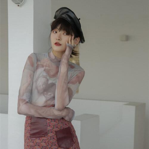 Fashion Women Retro Oil Painting Print Tattoo Bottoming Shirt 2020 New Autumn Stand Collar Long Sleeve Slim T Shirt Mesh Tops