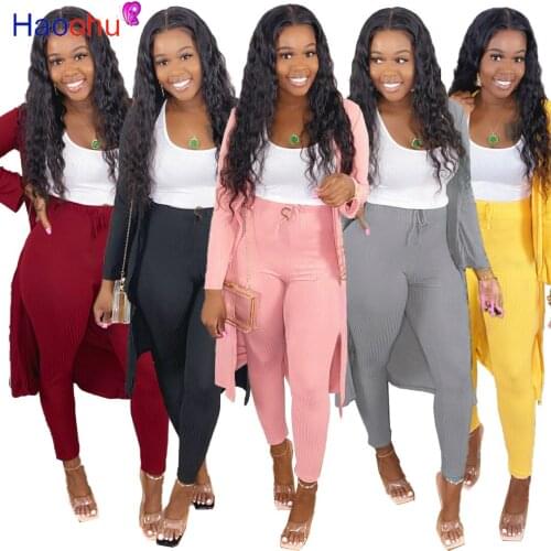 HAOOHU Solid Knitted Ribbed slimTracksuit Womens Sets Long Sleeve Cardigan coat+ High Waist Leggings Sweat Suit Two Piece set