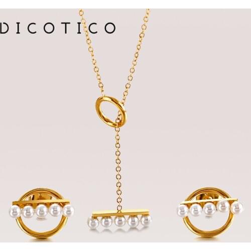 Simulation Pearl Women Jewelry Set Gold Silver Color Stainless Steel Long Necklaces Earrings Sets Wedding Choker For Women Gifts