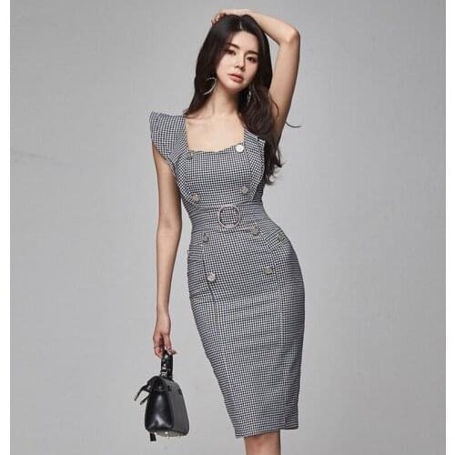 New arrival fashion sexy bodycon dress women summer sleeveless korean style temperament elegant square collar slim pencil dress