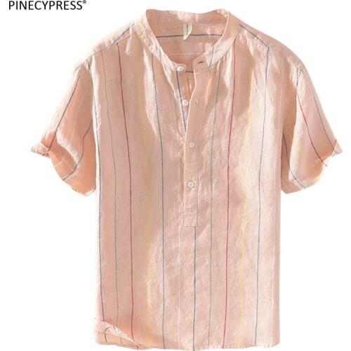 100% Linen Anti-static Breathable Anti-uv Summer Fashion Striped Hemp Short Sleeve Man T-shirt Male Quality Men Casual T Shirt