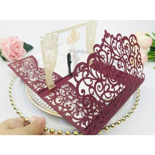 1x 3D POP UP Wedding Invitation Card Red Ivory Navy Burgundy Green Black Laser Cut Wedding Invitations Greeting Cards Invites