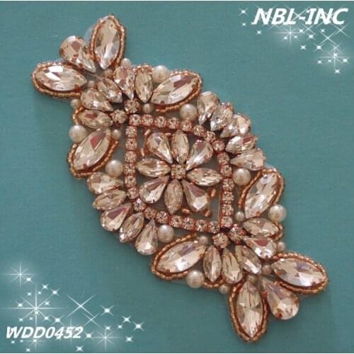 30PCS) Wholesale hand beaded sewing rose gold crystal rhinestone applique patch iron on for dress hair accessories WDD0452-R