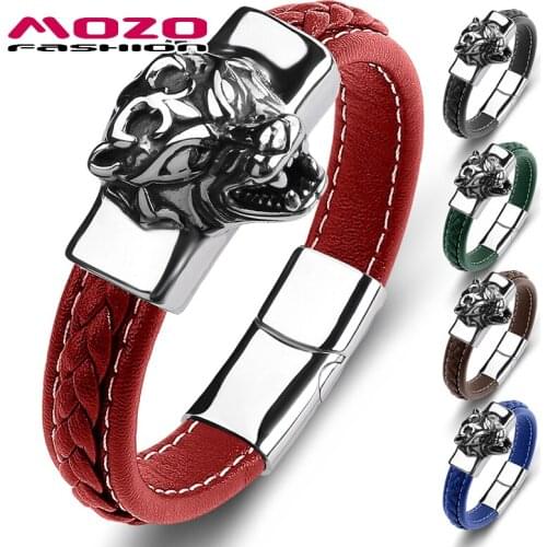 MOZO FASHION Men Trendy Stainless Steel Bracelets Tiger Jewelry Genuine Leather Braided Wholesale Cuff Decorations Gifts 123