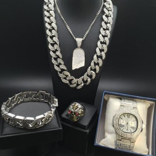Hip Hop Men Silver Color Necklace Luxury Men Watch + Necklace + Braclete + Ring Combo Set Ice Out Cuban Jewelry Hip Hop For Men