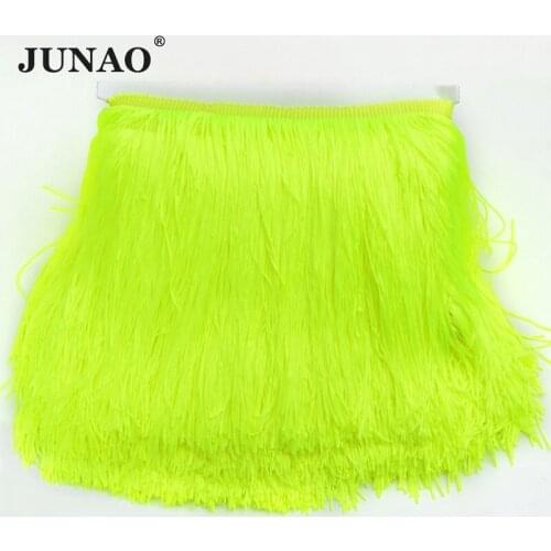 JUNAO Double Line 20cm Long Neon Yellow Cloth Fringe Trim Cotton Thread Tassel Lace Ribbon for Sewing Stage Clothes Performance