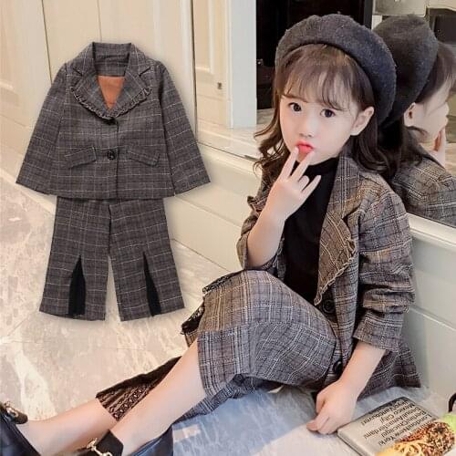 Girls Casual Plaid Suit Childrens Casual Suit Coat + Lace Spliced Pants 2 Pcs Female Kids Cute Ruffles Collar Clothing Set P122