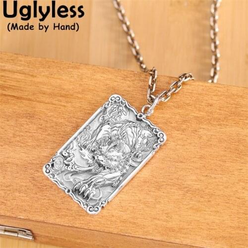 Uglyless Real Ag999 Pure Silver Square Medal Pendants for Men Embossed Dragon Necklaces Thai Silver Amulet Jewelry NO Chains