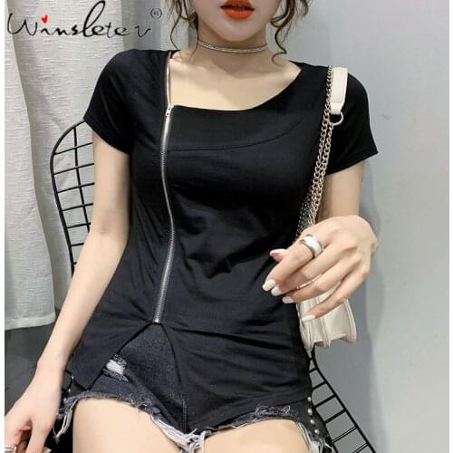 Summer Korean Clothes Cotton T-Shirt Girls Fashion Sexy Skew Collar Zipper Women Tops Short Sleeve Solid Tees New 2021 T13124A