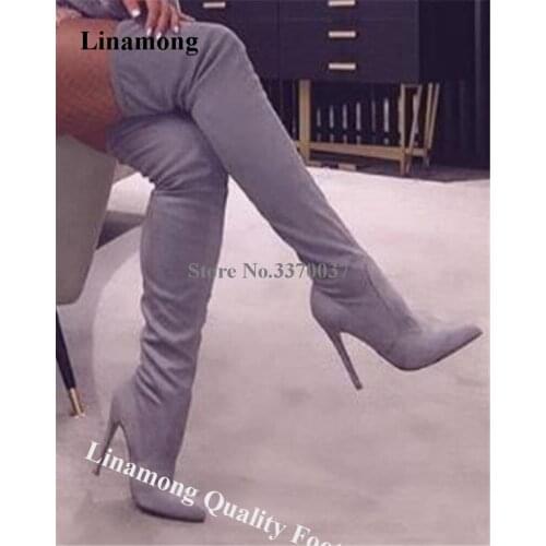 Linamong Women Sexy Pointed Toe Stiletto Heel Over Knee Boots Grey Beige Slim Long High Heel Boots Club Dress Shoes