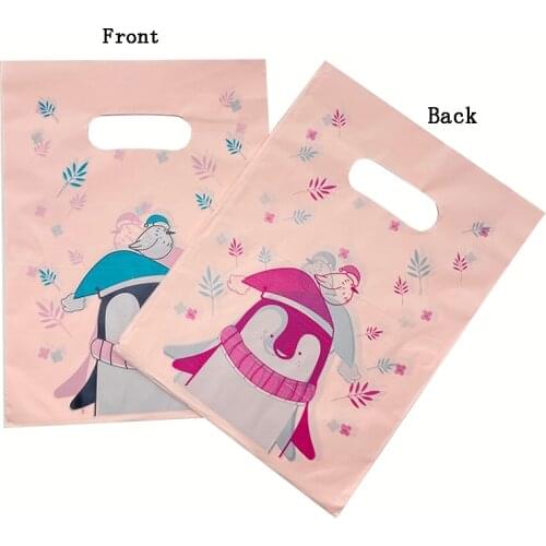 Cute Penguin Plastic Candy Handles Bag Christmas Pink Plastic Boutique Shopping Pouches With Handle 15x20cm 100pcs