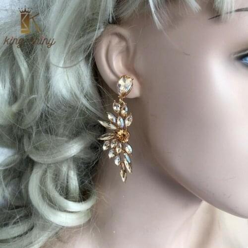 Trendy Symmetric Crystal Statement Drop Earrings for Womam Luxury Champagne Black Color Chandelier Earring Wedding Party Earring