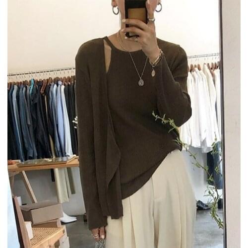 Autumn Long Sleeve Knitted Single Button Stitching Fake Two Piece Sweater Korean Fashion Solid Color Casual Knitwear 2021 New