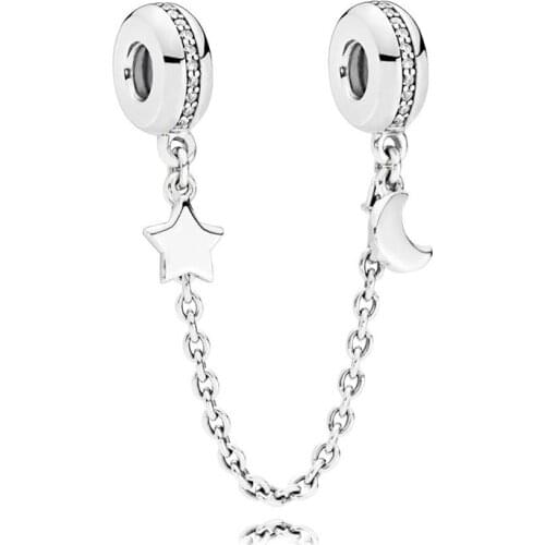 Genuine 925 Sterling Silver Charm Sparkling Moon & Star With Crystal Safety Chain Clip Beads Fit Pan Bracelet Diy Jewelry
