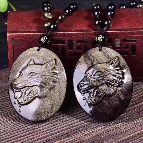 HFANCYW Carving Natural Golden Wolf Head Obsidian Pendant Amulet Necklace Obsidian Blessing Lucky Pendant Men Jewelry Dropship