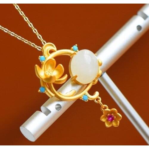 Natural Hetian Jade White Jade Egg Surface Exquisite Small Pendant Pendant Lotus S925 Sterling Silver Gold-Plated Necklace